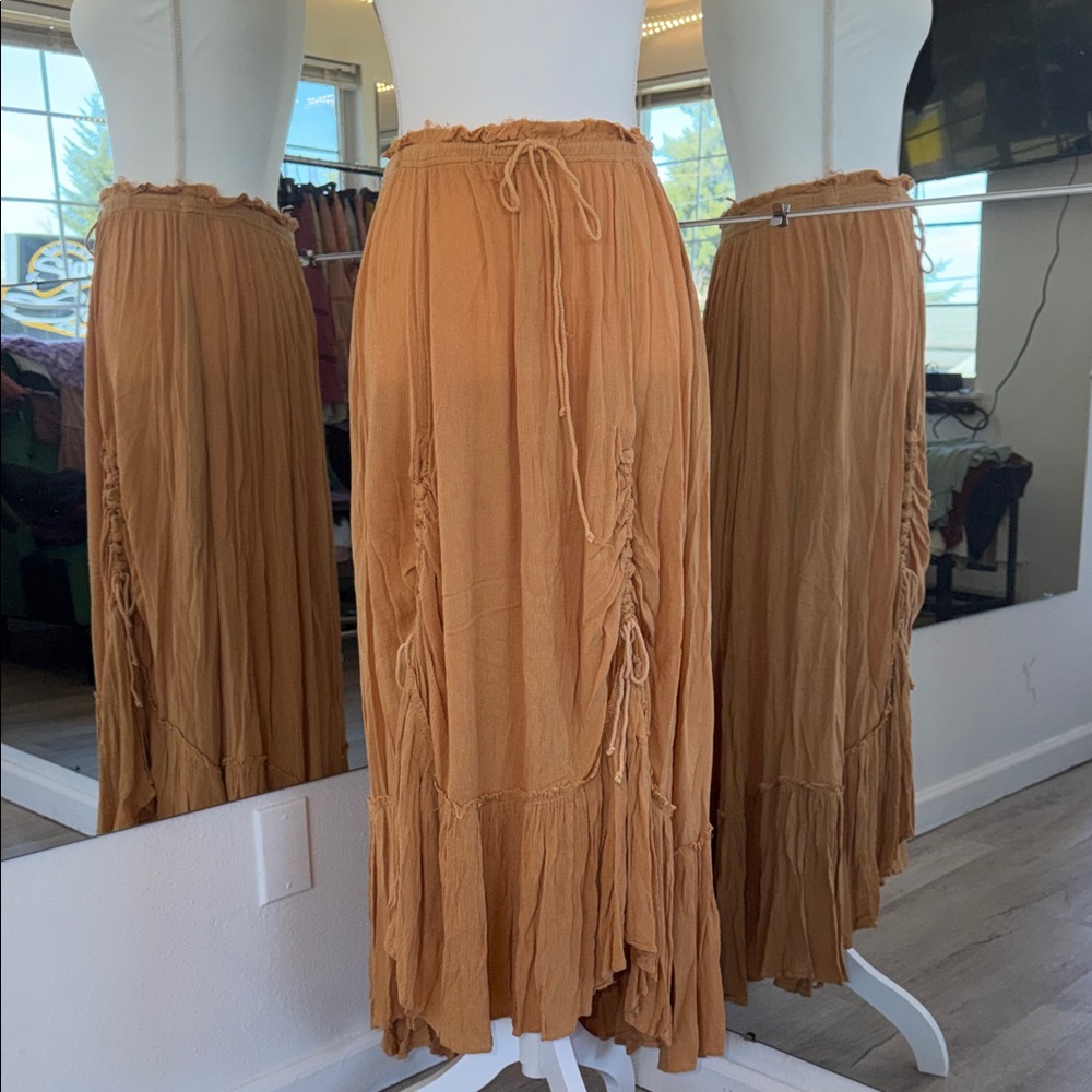 Free People Rust Drawstring Tiered Maxi Skirt